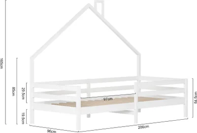 Obrázok produktu pre Detská posteľ Fortuna Lai 90x200 cm, posteľ z borovicového dreva s komínom, ochranou proti vypadnutiu a lamelovým roštom, biela