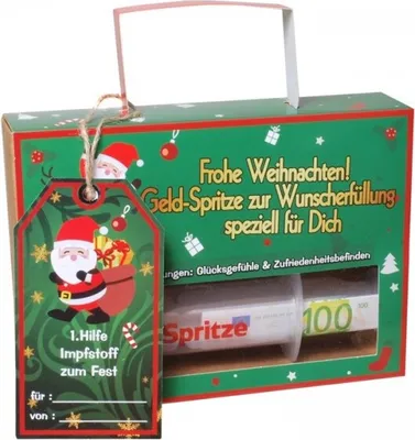 A Christmas-themed gift box with a tag, containing a syringe filled with money.