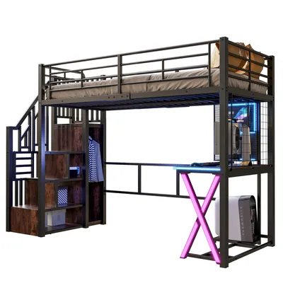 Produktbild von Hochbett mit Schreibtisch und LED-Beleuchtung, 90x200cm, Treppe mit Regal und Kleiderschrank, Kinderbett mit Rausfallschutz, Metallbett