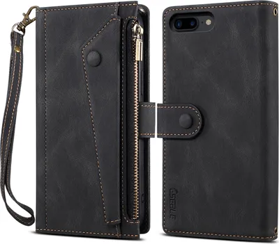 Produktbild von Schutzhülle für iPhone 8 Plus/7 Plus/6s Plus/6 Plus Reißverschluss Hülle, Leder Klapphülle Kartenfach Standfunktion Brieftasche mit Trageband Schwarz