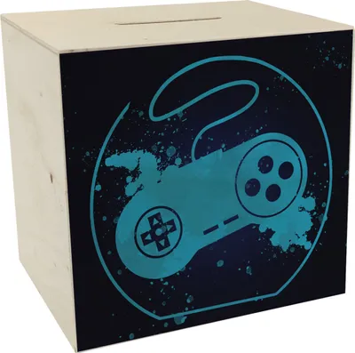 Produktbild von Spardose aus Holz mit Retrocontroller in Blau für Videospieler