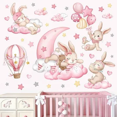 Productafbeelding van SnelShoppen - Wandstickers Babykamer - Schattige Roze Konijntjes en Sterren - Peel & Stick Muurdecoratie voor Kinderkamer - Waterdicht en Duurzaam - P