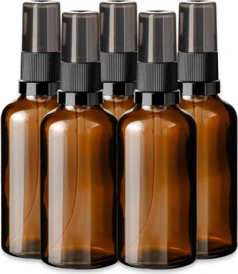 Produktbild von 5x Braune Glasflasche 50 ml mit schwarzer Pumpe leere Kosmetikflaschen