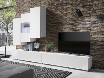 Produktbild von Wohnwand CALABRINI-17 Wohnzimmer-Set Hängewohnwand Schrankwand mit LED-Beleuchtung TV-Schrank Vitrine Moderne Anbauwand Hochglanz (Weiß)