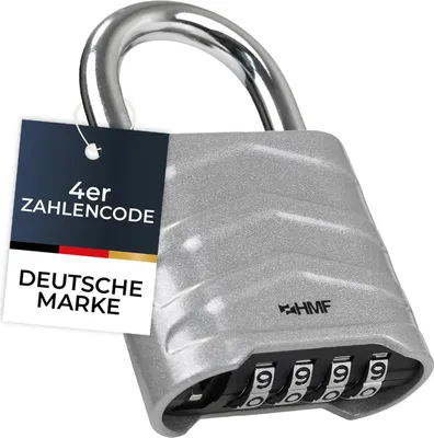 Produktbild von HMF Zahlenschloss Vorhängeschloss, robustes Schloss mit 4-stelligem Zahlencode aus Aluminiumlegierung | 5,6 x 2,6 x 8,7 cm | Silber