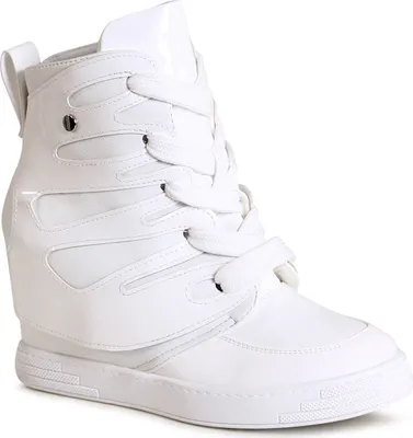 A single white wedge sneaker is shown from a three-quarter angle against a white background.