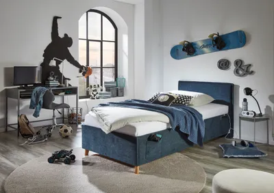 Produktbild von Meise Möbel Kinderbett FUN 90x200 cm | Bettgestell | Kopfteil glatt | Webstoff Dunkelblau | Holzfuß eichefarbig
