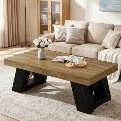 Obrázek produktu pro Konferenční stolek Tribesigns, 140 × 70 × 50 cm, venkovský styl, obdélníkový stolek do obývacího pokoje s masivní deskou a zesílenými nohami ve tvaru X, hnědý