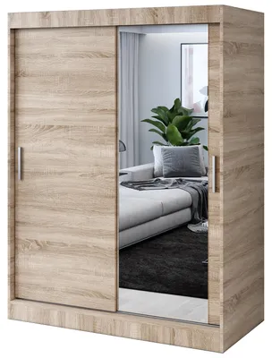 Zdjęcie produktu dla Szafa przesuwna - 150x200cm - Dąb Sonoma - Szafa przesuwna HUGO - z lustrem- do sypialni i garderoby