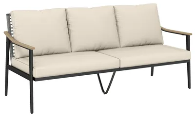 Produktbild von Gartensofa 3-Sitzer Rattan Loungesofa mit abnehmbar Kissen Holzoptik-Armlehnen Stahlrahmen Khaki