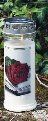 Produktbild von Grabkerze Wochenbrenner mit Deckel und Motiv Auswahl, 7 Tage Brenndauer, Rose/Buch 12 Stück