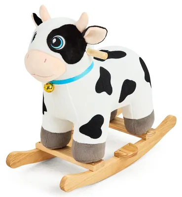 Immagine prodotto di Cavalluccio a dondolo a forma di mucca, in peluche, adatto a bambini dai 1 ai 3 anni, con occhi luminosi e campanello, ideale per la cameretta dei bambini