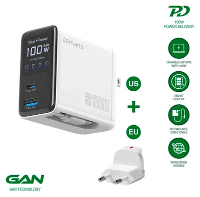 Produktbild von 4smarts Ladegerät GaN Flex Screen AI 100W 2 USB-C+1 USB-A , weiß
