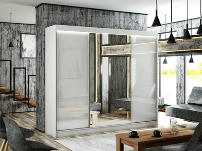 Image de Armoire Venus 250 cm avec 3 portes coulissantes et miroir Livraison à domicile Tringle à vêtements Penderie Armoire (couleur : blanc, lacobel blanc)