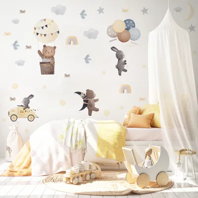 Produktbild von Wandtattoo Wandsticker für Kinderzimmer TIERE Sterne Wolken Ballons Aufkleber 60 cm x 30 cm