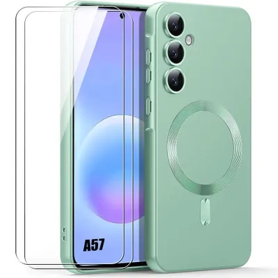 Image de Coque + 2 Verres Trempés pour Samsung Galaxy A57 5G, Silicone Slim avec Anneau Magnétique Vert
