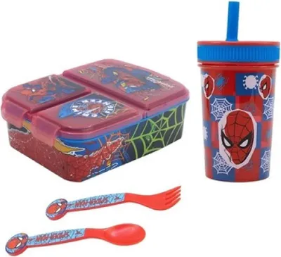 Produktbild von Marvel Spiderman 4 teiliges Kinder Set Brotdose Becher Besteck