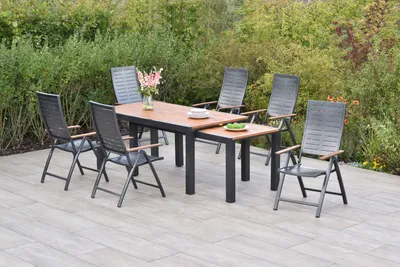 Produktbild von Merxx Gartenmöbel Set Tinos 7tlg., 6 Klappsessel, Flex Ausziehtisch 180 (180) x 100 (83) x 80 (74) cm- Aluminium/Akazie