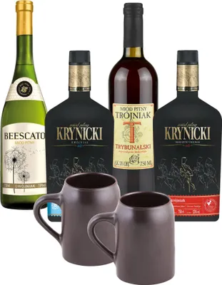 Produktbild von Setz von 4 Mets mit Keramikkrügen (Honigwein 2x Dwójniak-Halber / 2x Trójniak-Drittel) | 3000ml | 13-16% Alkohol Metwein | Polnische Produktion