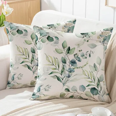 Produktbild von 2er-Set Kissenbezüge (45 x 45 cm), grüne Eukalyptusblätter, Outdoor-Kissen für Sofa, Dekokissen, Zierkissenbezüge, Gartenbankdekoration