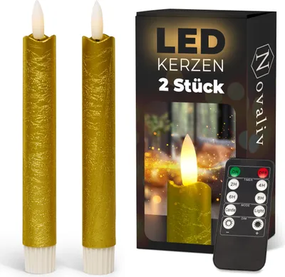 Produktbild von Stabkerzen LED mit Timer GOLD 2er indoor mit Timer Funktion 6 Stunden ECHTWACHS 18cm Höhe für Kerzen 2,2cm Durchmesser 2 AAA Batterien notwendig LED Stabkerzen flackernde Flamme bewegliche Flamme