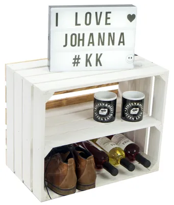 Produktbild von Obstkiste "Johanna"  weiß mit geflammten Boden  mit Mittelbrett weiß LÄNGS