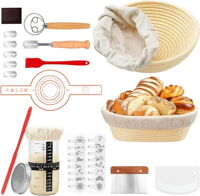Productafbeelding van Broodbak Set - Zuurdesem Starter - Thuis Brood Bakken - 12 Delig Compleet - 23 + 25 cm - Natuurlijk