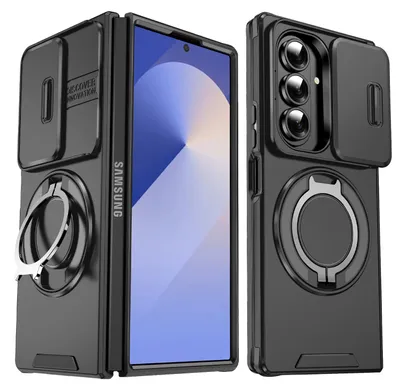 Produktbild von Handyhülle für Samsung Galaxy Z Fold7 Dual-Layer Stoßfest Militär Hülle mit Dia Kameraschutz, Magnetisch Ring Ständer Schwarz