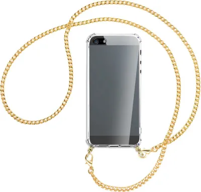 Produktbild von Handykette Backcover-Schutzhülle mit Band (Metall goldfarben) für Apple iPhone 5, 5S, SE - goldfarbene Kette