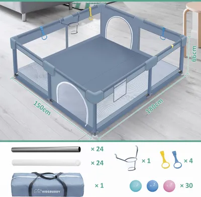 Produktbild von YUENFONG Laufstall & Krabbelgitter, Grau, atmungsaktiver Netz-Sicherheitsspielplatz für Baby und Kinder, 150x180x66cm, aus Aluminium & Polyester, inkl. 50 Ozeanbälle, Mini-Korb, Netzschießrahmen und rutschfeste Saugnäpfe.