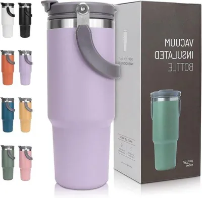 Produktbild von Famanu Thermobecher mit Isolierung für warme und kalte Getränke - lila - 900 ml - Trinkbecher mit Deckel und Strohhalm