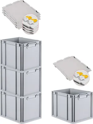 Produktbild von SuperSparSet 4x Eurobox NextGen Economy mit Scharnierdeckel und gelben Schiebeschnappverschlüssen | Griffe geschlossen | HxBxT 32x30x40cm | 30 Liter | Eurobehälter, Transportbox, Transportbehälter, Stapelbehälter