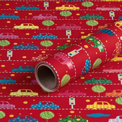 Produktbild von Geschenkpapier Autos, Rot,  0,70 x 10 m . Geburtstagspapier für Kinder