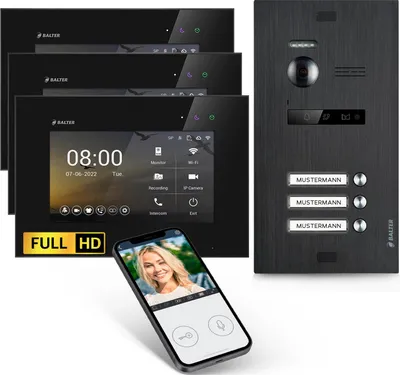 Produktbild von HD Video Türsprechanlage mit Smartphone App für 3 Familienhaus, 3x Monitor, Balter EVO HD WLAN Schwarz