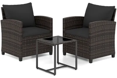 Produktbild von Balkongarnitur aus Rattan mit 2 Stühlen und Glastisch, Braun-Schwarz