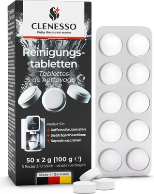 Produktbild von CLENESSO Reinigungstabletten Kaffeevollautomaten (50 Stück) – Kaffeevollautomat Reinigungstabletten kompatibel mit Siemens EQ Series, Jura, Krups, uvm