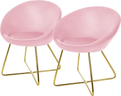 Two pink velvet chairs with gold metal legs on a white background.