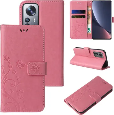 Produktbild von Handyhülle für Xiaomi 12 Pro Floral Blumen Schmetterling Flip Cover Hülle Case Klapphülle Handytasche Farbe: Rosegold