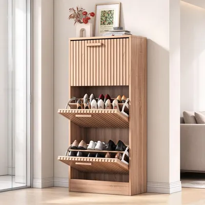 Produktbild von Schuhschrank mit 3 Klappen, Schuhregal mit Verstellbar Einlegeböden, 60 x 24 x 113 cm, Schuhkipper Schmal für Eingangsbereich, Flur