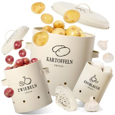 Produktbild von GREELUE Premium Kartoffel Aufbewahrungsbox [3er Set], Kartoffeln, Zwiebeln und Knoblauch Aufbewahrung, Hält Gemüse Länger Frisch (SET01-Beige)