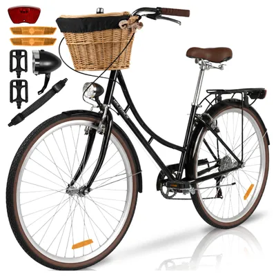 Produktbild von MalTrack 28 Zoll Damenfahrrad mit Weidenkorb Citybike AVILO Black 6 Gang Shimano Gepäckträger LED Licht Tiefeinstieg Komfortsatte Schwarz