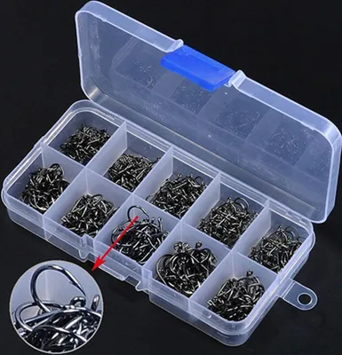 Produktbild von 500 Stück 10 Größen Verschiedene Angelhaken aus geschärftem Kohlenstoffstahl mit Tackle Box