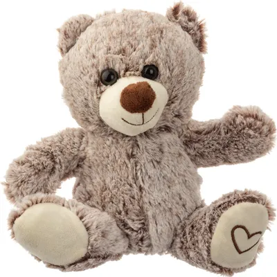 A plush teddy bear sitting on a white background.
