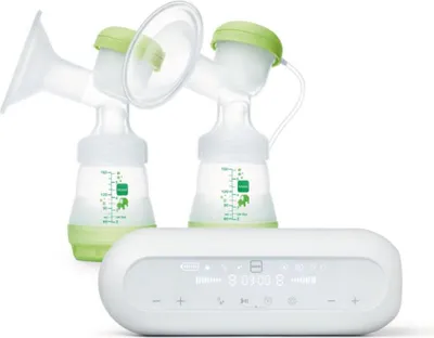 Produktbild von Mam 2-in-1 Doppel-Milchpumpe, elektrisch und manuell, enthält 1 x weiche Silikonbecher, 2 x Easy Start Anti-Colic Flasche 160 ml mit Saugern Größe 1 (0+), 2 x Unisex-Milch- und Lebensmittelbehälter.