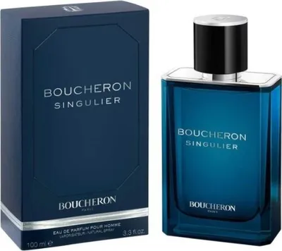 A product shot of a Boucheron Singulier perfume bottle and its box.