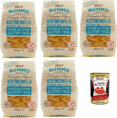Produktbild von Rummo Pasta Nudeln Glutenfreie Mezze Penne Rigate N° 28, Bronze Gezeichnete gluteinfrei, perfekt für Menschen mit Zöliakie oder Glutenunverträglichkeit, 5x 400 g + Italian Gourmet polpa 400g