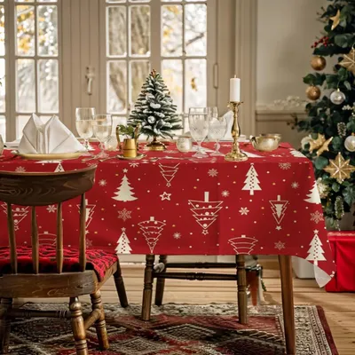 Obrázek produktu pro Ubrousek na stůl, Vánoce, vánoční stromek, sněhové vločky, voděodolný, 142x259 cm, obdélníkový, polyester