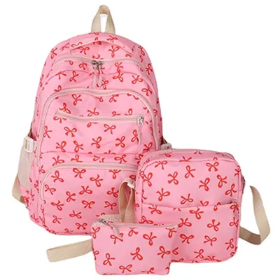 Productafbeelding van Meisjes rugzak set van 3 – Schattige rugtas met strik, grote capaciteit, bedrukte rugzak voor school en reizen, roze