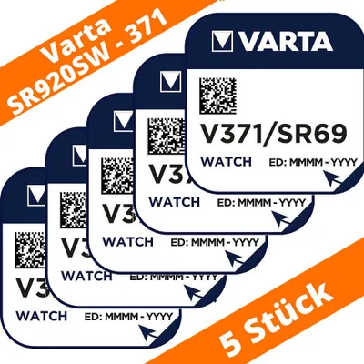 Produktbild von 5 x VARTA V 371 Knopfzellen Uhrenbatterie Silberoxid V371 SR69 SR920SW SR920 AG6