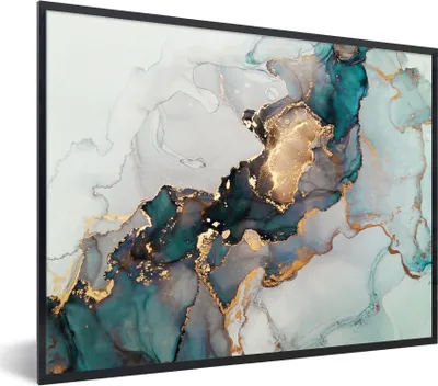 Produktbild von MuchoWow® Gerahmtes Poster Blau - Marmor - Gold 80x60 cm - Poster mit Schwarzem Bilderrahmen Wandposter Rahmen Foto Bilder - Schwarzem - Mit Gestell